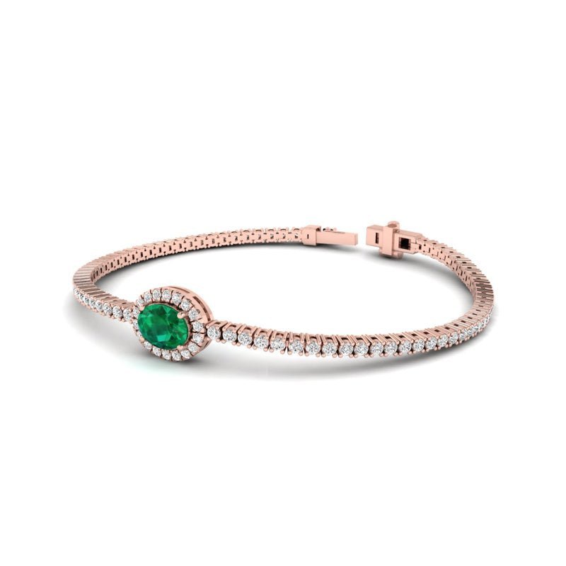 Elegant 14k Rose Gold Oval-Cut Emerald and Diamond Bracelet