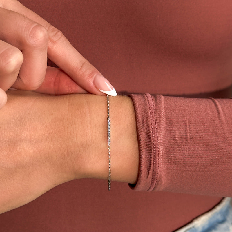 Minimalist Sterling Silver Pave Bar Chain Bracelet