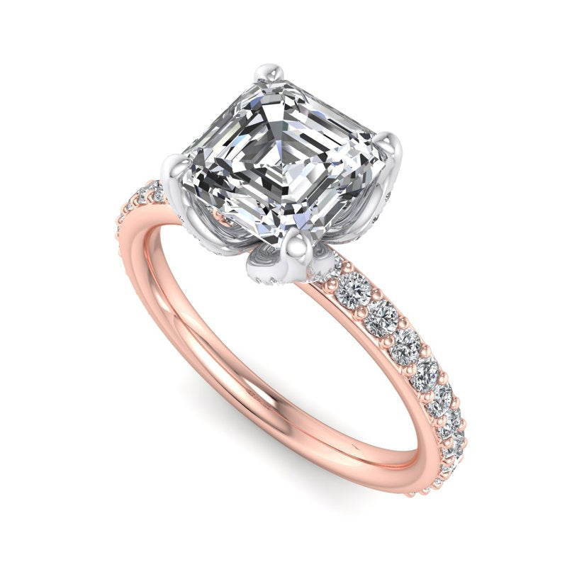 1 Carat Asscher Cut Lab Grown Diamond Lotus Engagement Ring in 14k Rose Gold