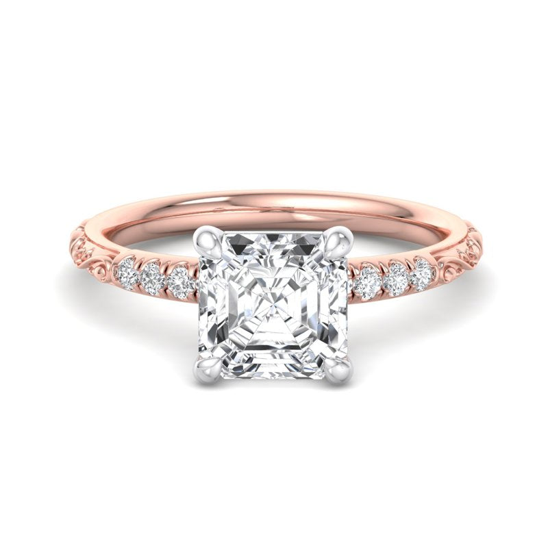 1 Carat Asscher Cut Lab Grown Diamond Engagement Ring in 14k Rose Gold with 1/8ctw Lace Accents