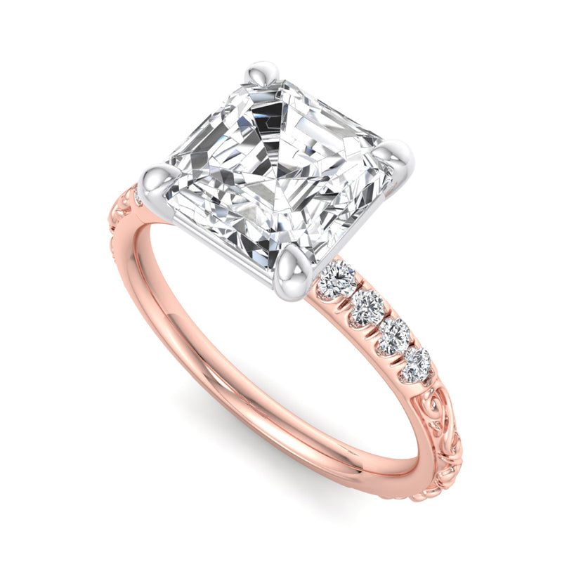 1 Carat Asscher Cut Lab Grown Diamond Engagement Ring in 14k Rose Gold with 1/8ctw Lace Accents
