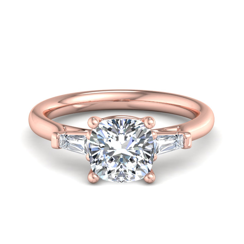 1 Carat Cushion Cut Lab Grown Diamond Three-Stone Ring with Baguette Accents in 14k Rose Gold