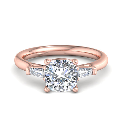 1 Carat Cushion Cut Lab Grown Diamond Three-Stone Ring with Baguette Accents in 14k Rose Gold