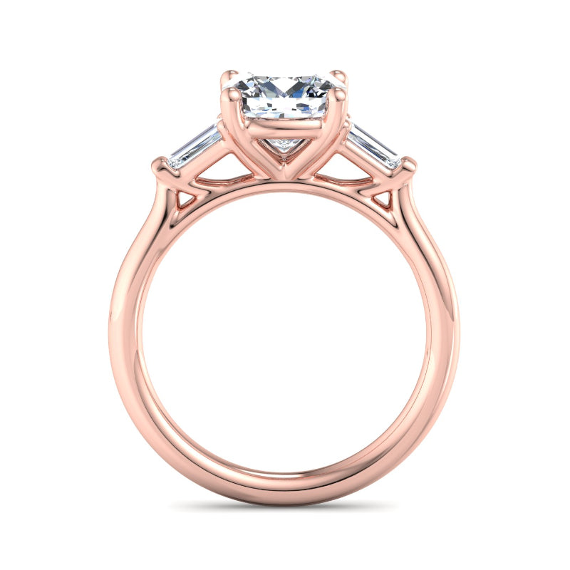 1 Carat Cushion Cut Lab Grown Diamond Three-Stone Ring with Baguette Accents in 14k Rose Gold