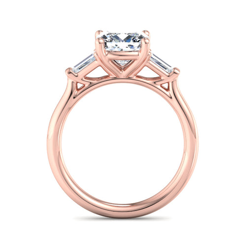 1 Carat Cushion Cut Lab Grown Diamond Three-Stone Ring with Baguette Accents in 14k Rose Gold