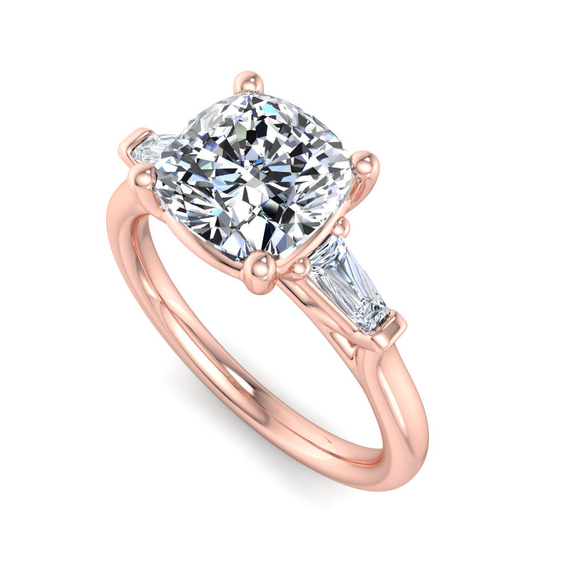 1 Carat Cushion Cut Lab Grown Diamond Three-Stone Ring with Baguette Accents in 14k Rose Gold