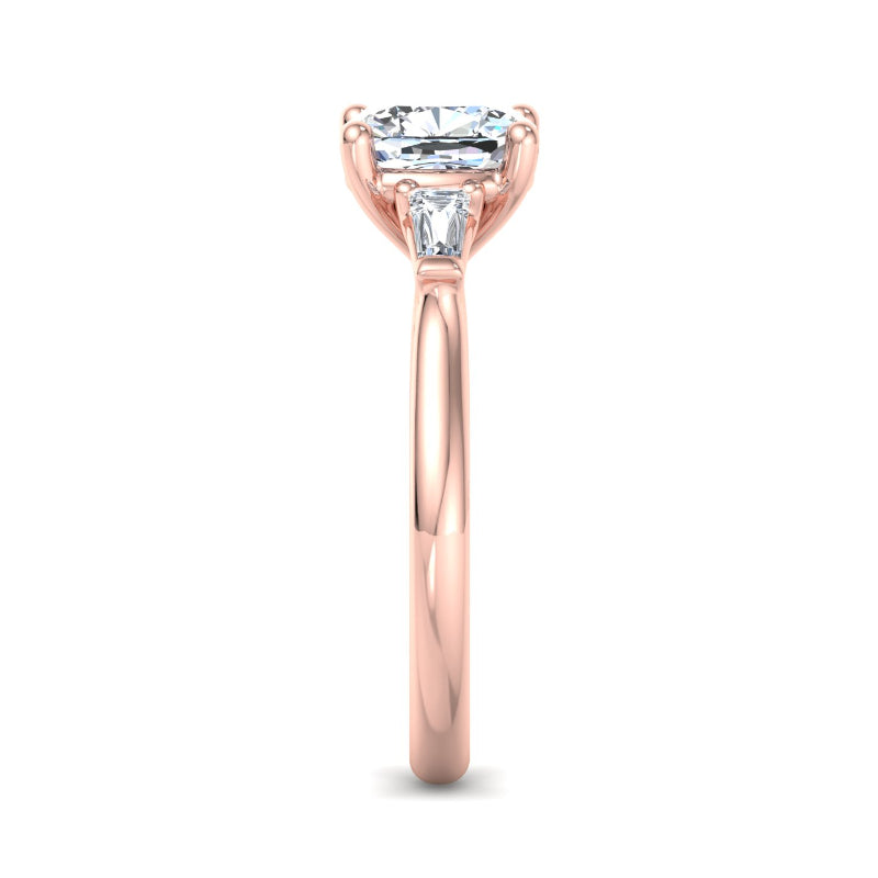 1 Carat Cushion Cut Lab Grown Diamond Three-Stone Ring with Baguette Accents in 14k Rose Gold