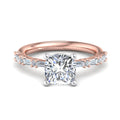 1 Carat Cushion Cut Lab Grown Diamond Center Ring with Rose Gold Mini Baguette and Round Side Stones (1/4ctw)