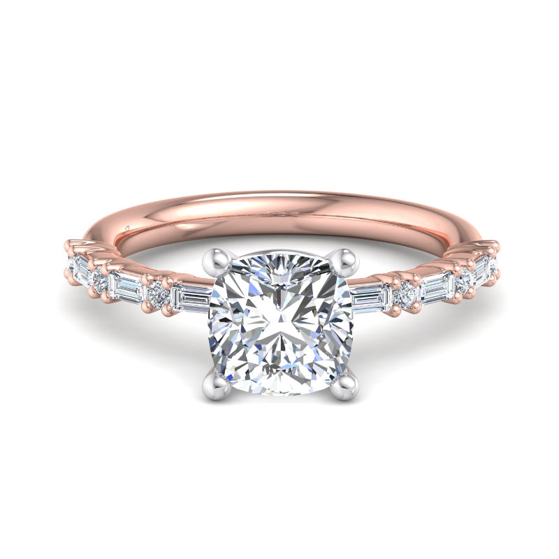 1 Carat Cushion Cut Lab Grown Diamond Center Ring with Rose Gold Mini Baguette and Round Side Stones (1/4ctw)