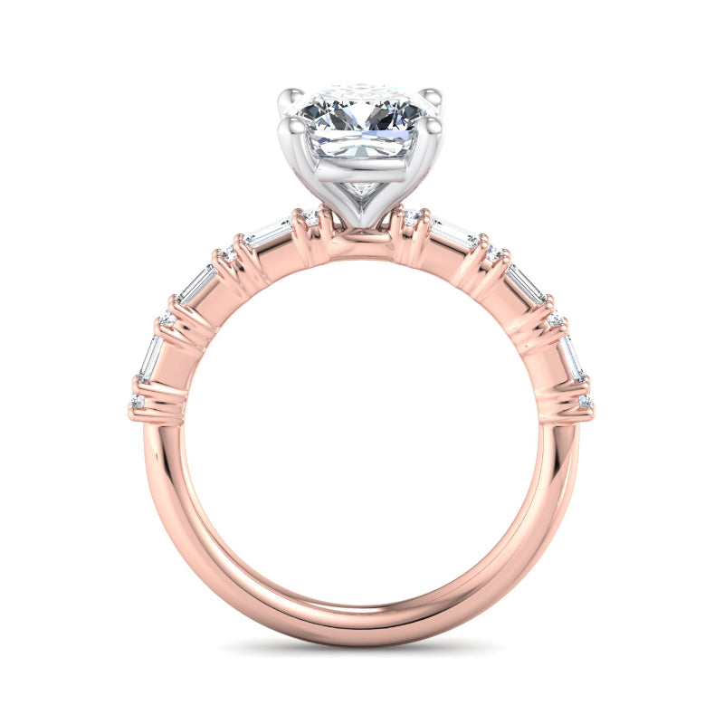 1 Carat Cushion Cut Lab Grown Diamond Center Ring with Rose Gold Mini Baguette and Round Side Stones (1/4ctw)