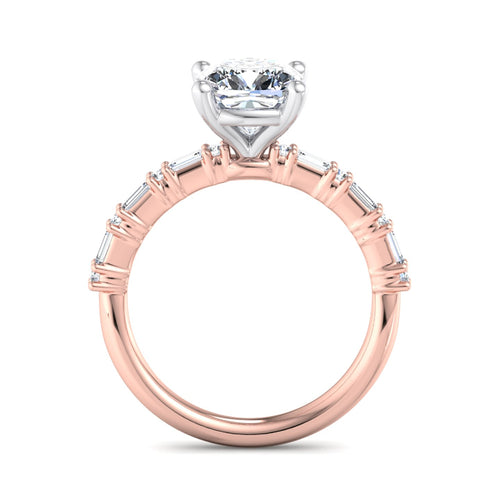 1 Carat Cushion Cut Lab Grown Diamond Center Ring with Rose Gold Mini Baguette and Round Side Stones (1/4ctw)