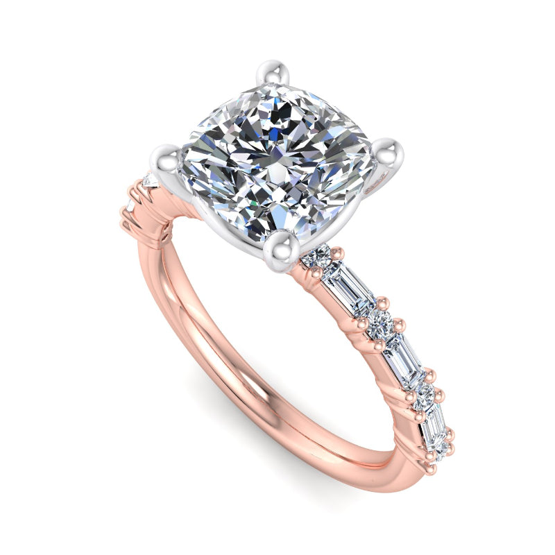 1 Carat Cushion Cut Lab Grown Diamond Center Ring with Rose Gold Mini Baguette and Round Side Stones (1/4ctw)