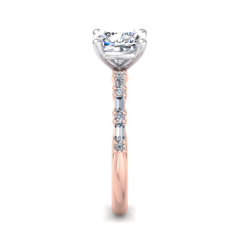 1 Carat Cushion Cut Lab Grown Diamond Center Ring with Rose Gold Mini Baguette and Round Side Stones (1/4ctw)