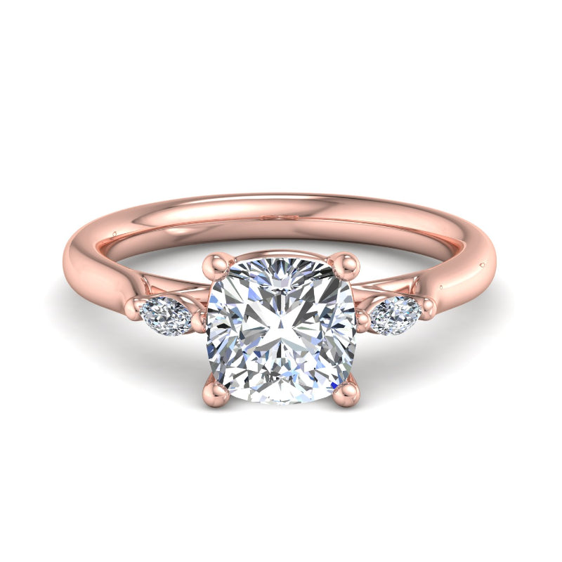 1 Carat Cushion Cut Lab Grown Diamond Three-Stone Ring with Marquise Accents in 14k Rose Gold