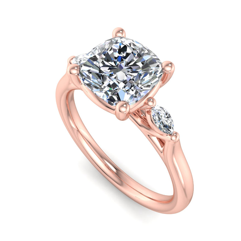 1 Carat Cushion Cut Lab Grown Diamond Three-Stone Ring with Marquise Accents in 14k Rose Gold
