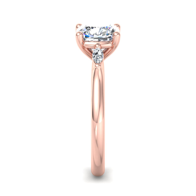 1 Carat Cushion Cut Lab Grown Diamond Three-Stone Ring with Marquise Accents in 14k Rose Gold