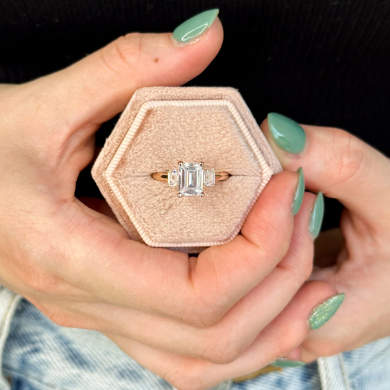 1ct Emerald Cut Lab Grown Diamond Three Stone Ring in 14k Rose Gold (1.375ctw)