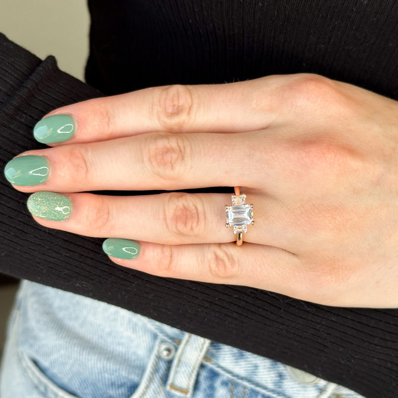 1ct Emerald Cut Lab Grown Diamond Three Stone Ring in 14k Rose Gold (1.375ctw)