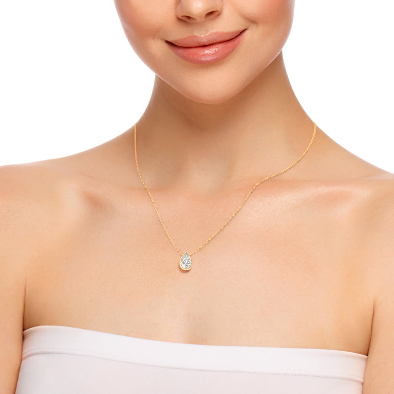 Yellow Gold Pear 2ct Lab Grown Diamond Bezel Set Solitaire Pendant