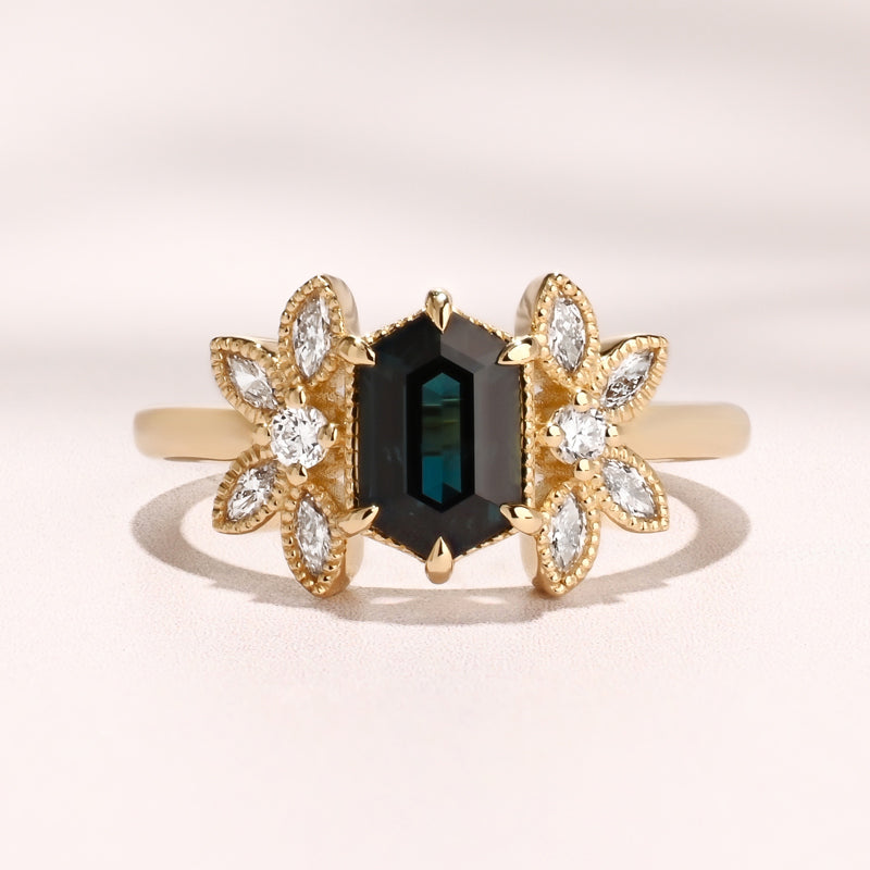 Deco Butterfly Ring I 1.51ct Hexagon Australian Teal Sapphire