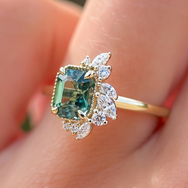 Peak Floret Ring I 1.55ct Rectangular Teal Sapphire