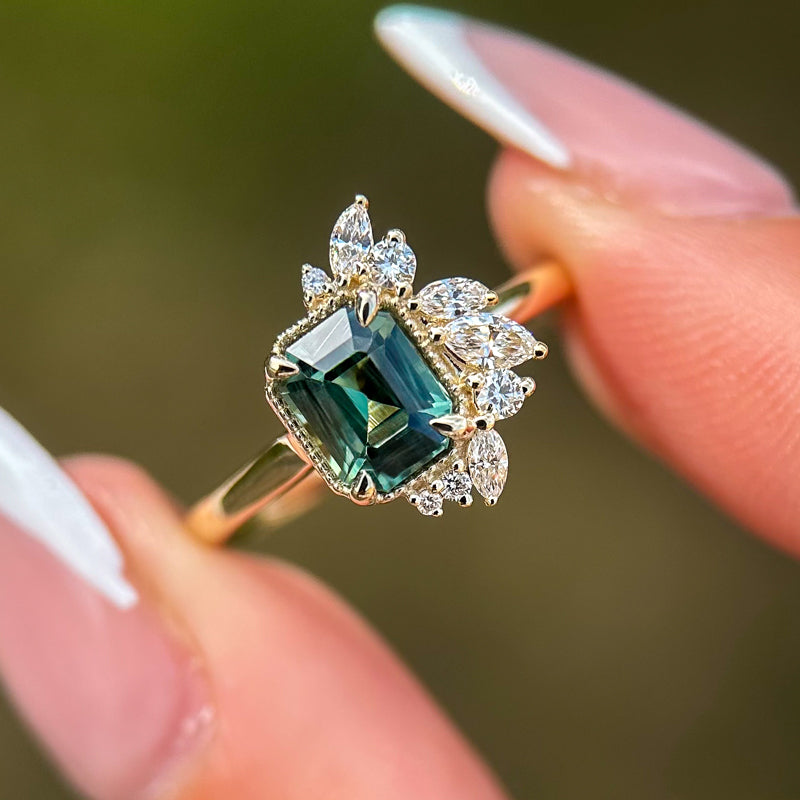 Peak Floret Ring I 1.55ct Rectangular Teal Sapphire