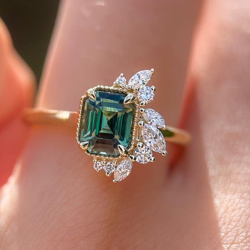 Peak Floret Ring I 1.55ct Rectangular Teal Sapphire