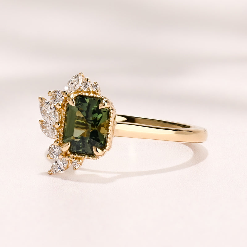 Peak Floret Ring I 1.55ct Rectangular Teal Sapphire