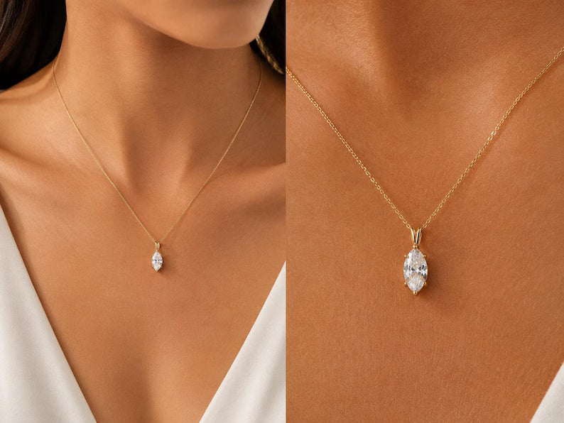Marquise Solitaire Necklace, Solid Gold Diamond Pendant, Dainty Wedding Jewelry