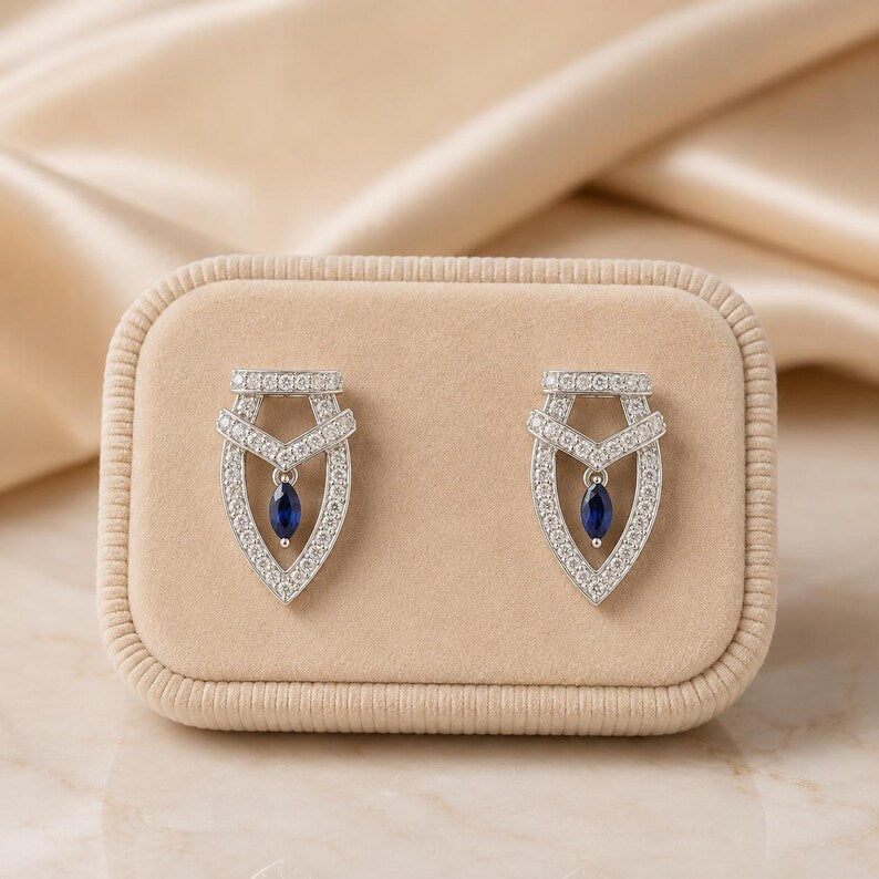 925 Sterling Silver Moissanite Necklace Set, Blue Sapphire Marquise Pendant, Bridal Jewelry Se