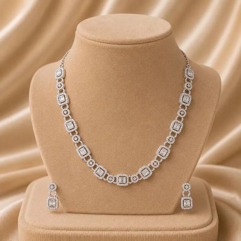 Art Deco Moissanite Necklace and Earrings Set, Sterling Silver Bridal Jewelry