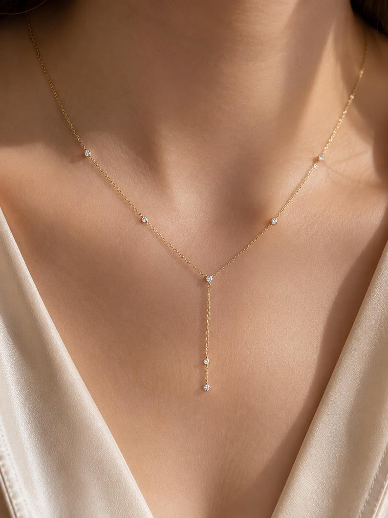18K Solid Gold Floating Diamond Y Lariat Necklace, Lab Grown Diamond Chain