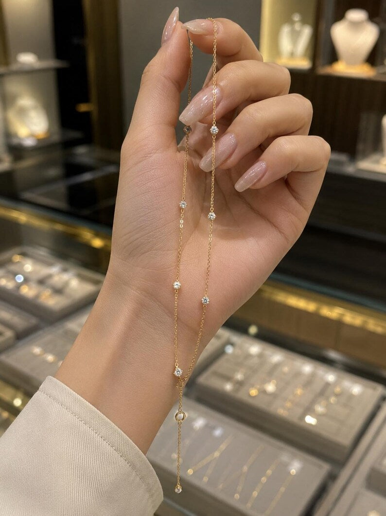 18K Solid Gold Floating Diamond Y Lariat Necklace, Lab Grown Diamond Chain