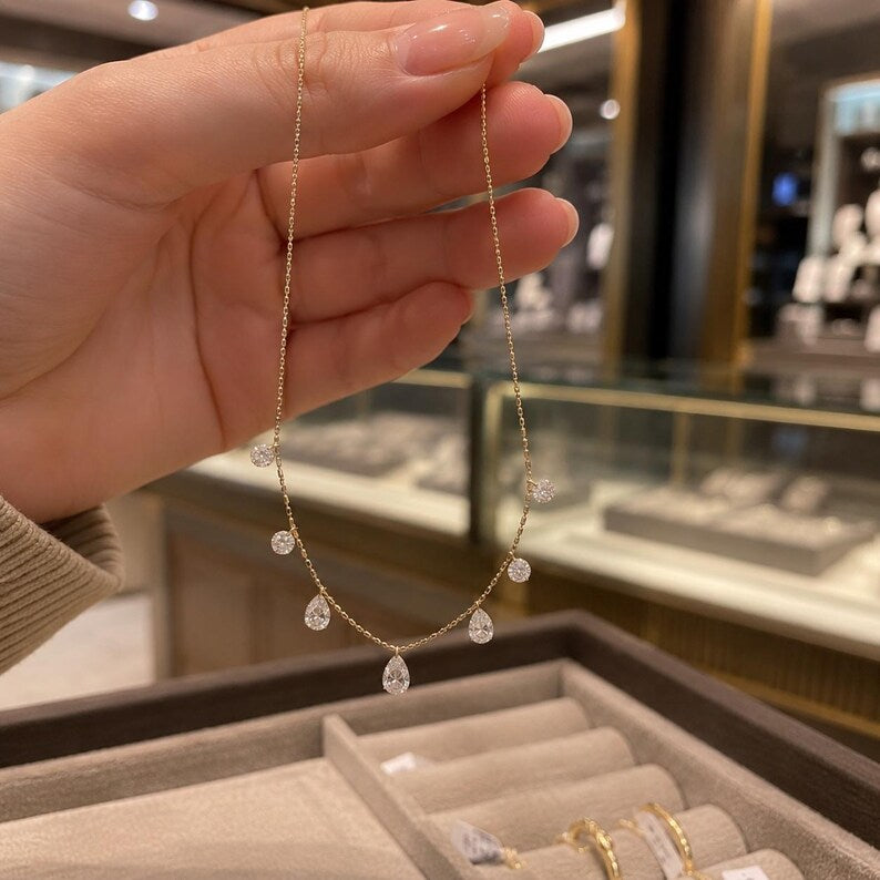 18K Solid Gold Floating Diamond Tassel Necklace, Dainty Fine Jewelry, Minimalist Design