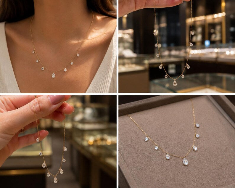 18K Solid Gold Floating Diamond Tassel Necklace, Dainty Fine Jewelry, Minimalist Design