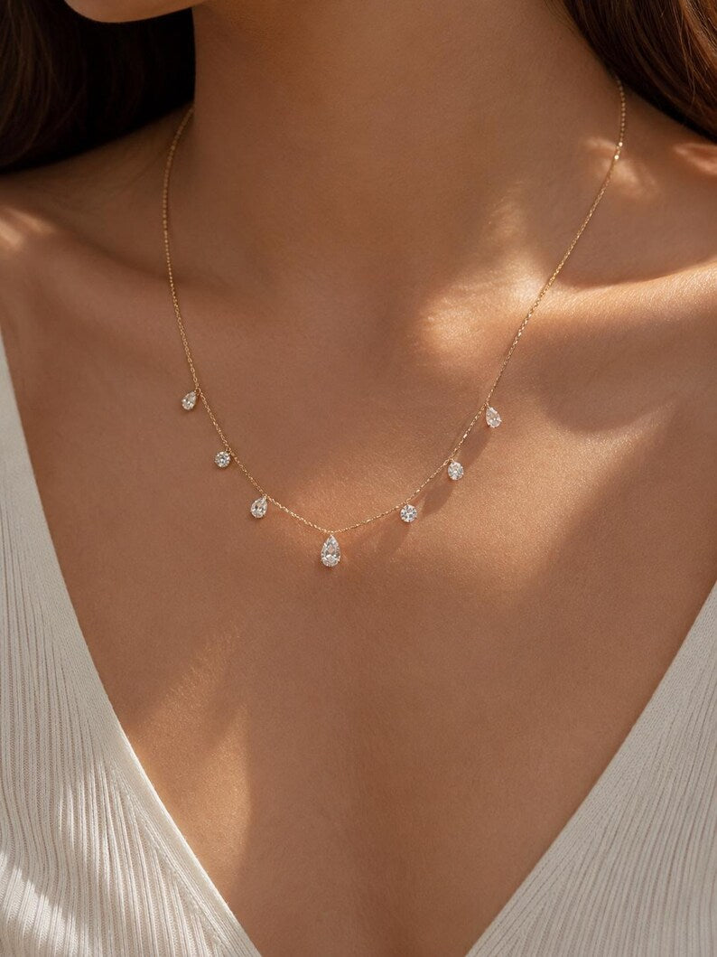 18K Solid Gold Floating Diamond Tassel Necklace, Dainty Fine Jewelry, Minimalist Design