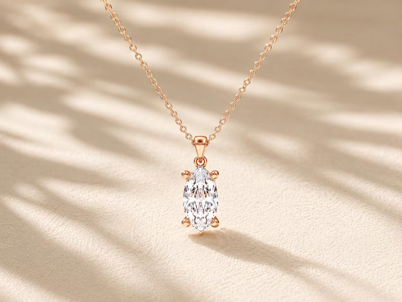 Marquise Solitaire Necklace, Solid Gold Diamond Pendant, Dainty Wedding Jewelry