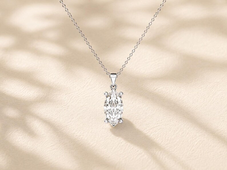Marquise Solitaire Necklace, Solid Gold Diamond Pendant, Dainty Wedding Jewelry