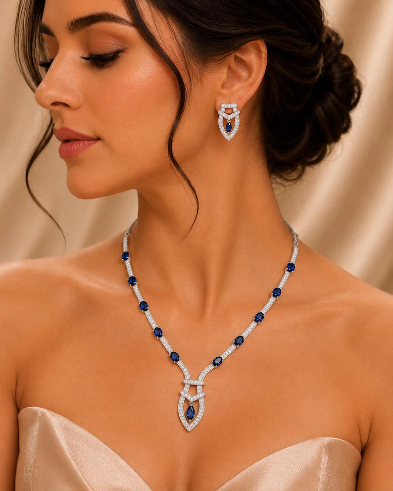 925 Sterling Silver Moissanite Necklace Set, Blue Sapphire Marquise Pendant, Bridal Jewelry Se