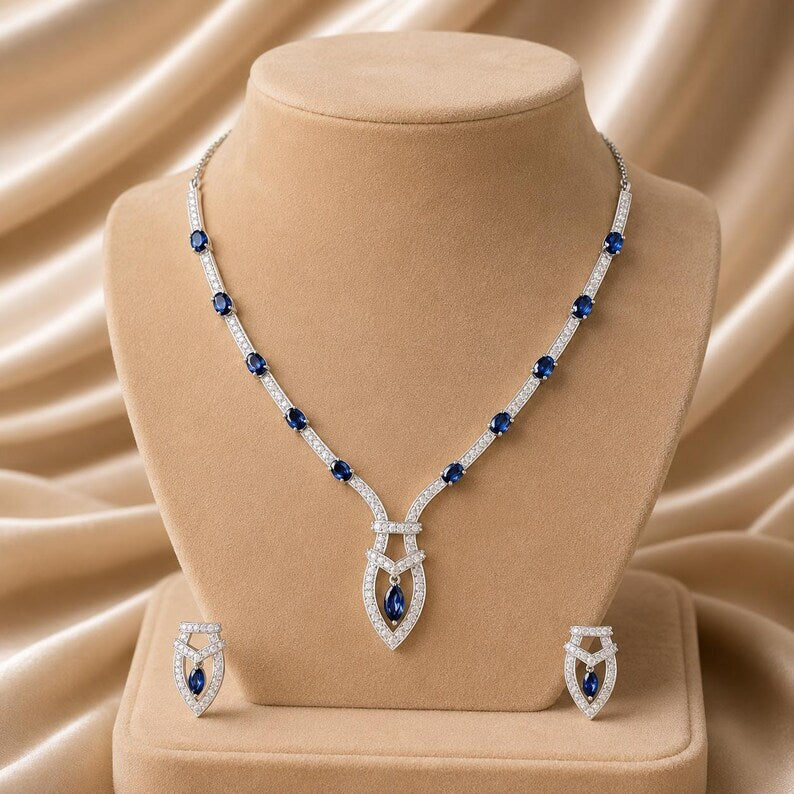 925 Sterling Silver Moissanite Necklace Set, Blue Sapphire Marquise Pendant, Bridal Jewelry Se