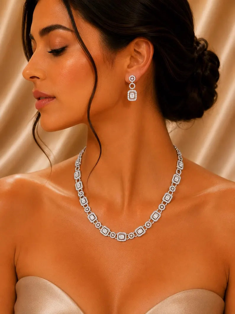 Art Deco Moissanite Necklace and Earrings Set, Sterling Silver Bridal Jewelry