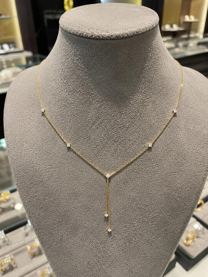 18K Solid Gold Floating Diamond Y Lariat Necklace, Lab Grown Diamond Chain