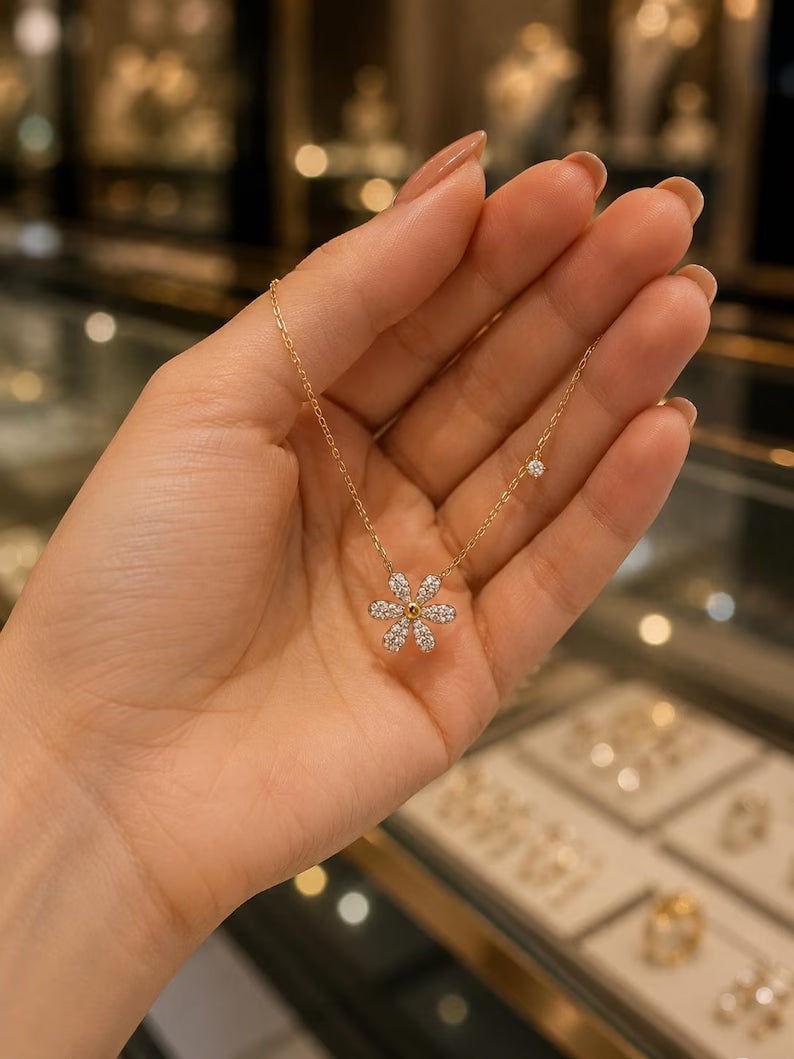 Solid 18K Gold Diamond Daisy Flower Necklace, Minimalist Floral Pendant Fine Jewelry