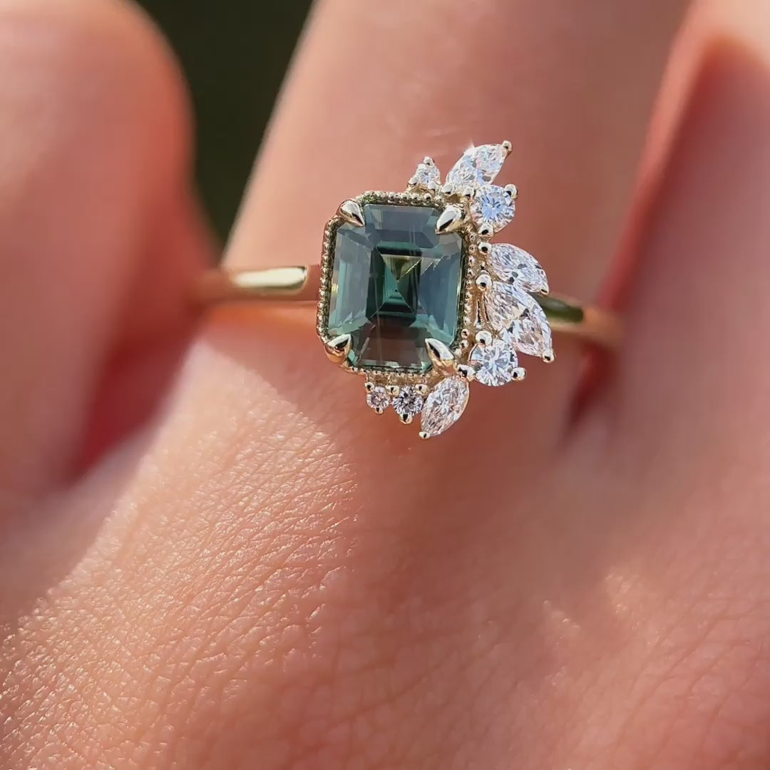 Peak Floret Ring I 1.55ct Rectangular Teal Sapphire