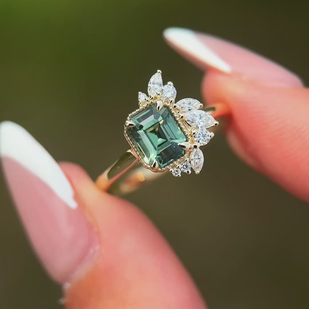 Peak Floret Ring I 1.55ct Rectangular Teal Sapphire