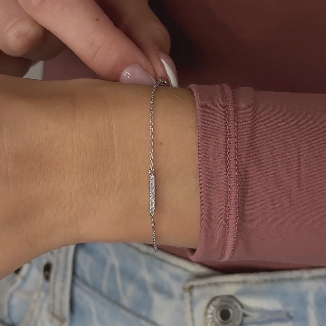 Minimalist Sterling Silver Pave Bar Chain Bracelet