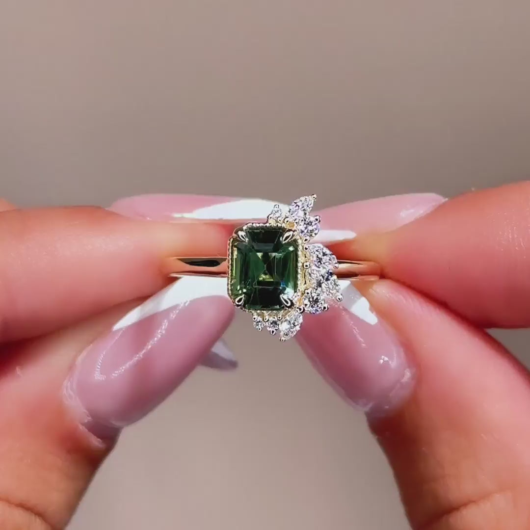 Peak Floret Ring I 1.55ct Rectangular Teal Sapphire