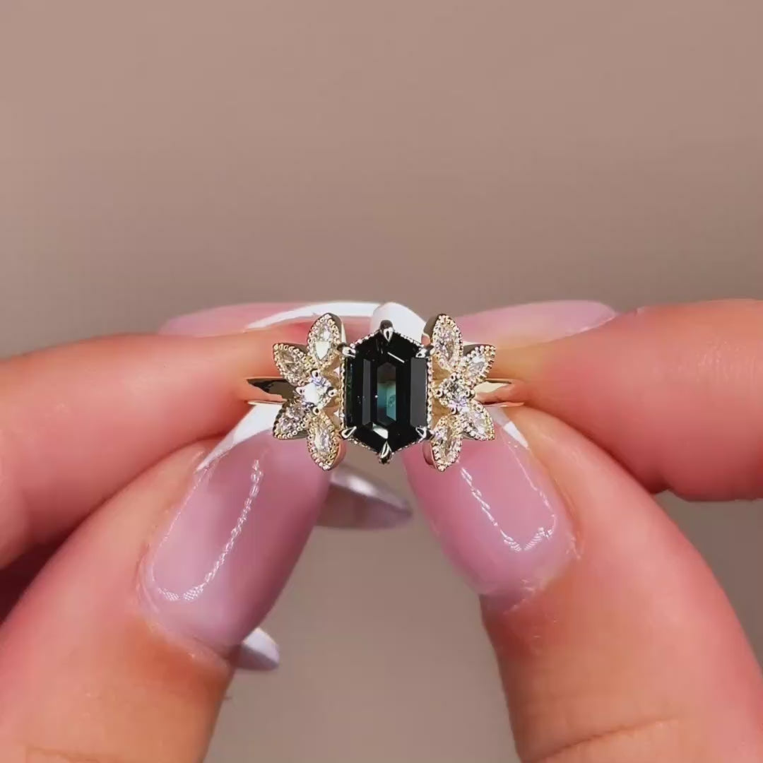 Deco Butterfly Ring I 1.51ct Hexagon Australian Teal Sapphire